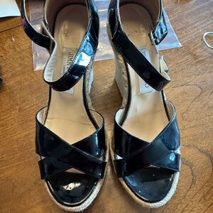 Jimmy Choo Black Patent Leather Phoenix Espadrille Wedges with Ankle Strap Sz 38